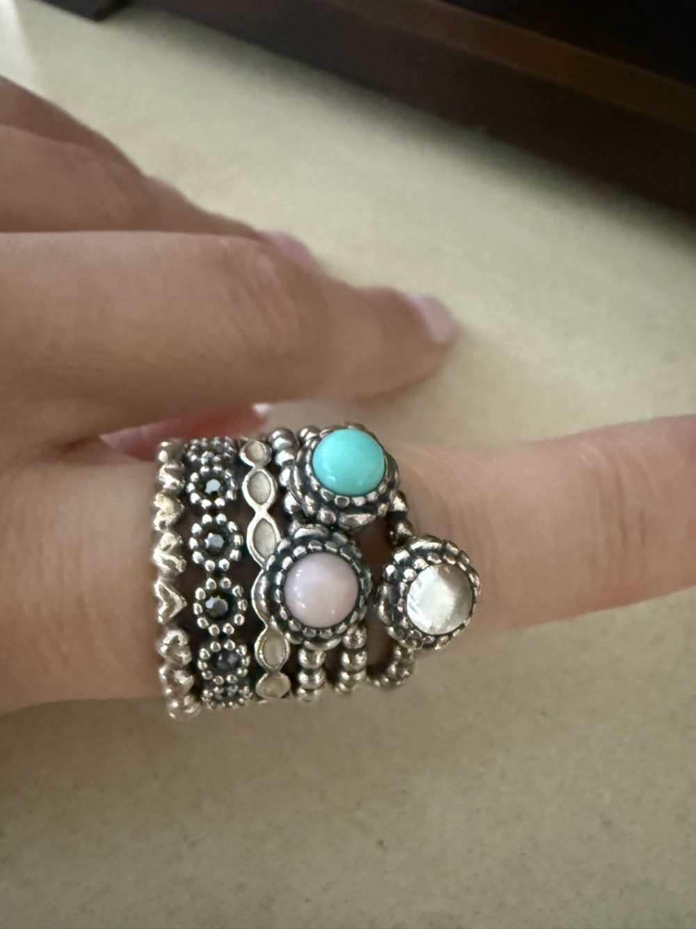 Pandora Sterling-Style Stacked Gemstone Midi Rings in Turquoise, Pink & White